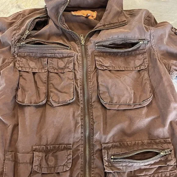 Twill 22 Twenty Two Jacket Womens L Brown Bomber Draw Strings Pockets Hood Y2K - Picture 5 of 12